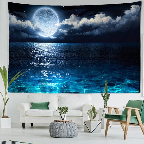 Tapiz De Pared Con Paisaje De Luna Y Playa, Arte Bohemio, Magia Misteriosa, Hippie, DecoracióN Del Hogar 95X70Cm Blue-image