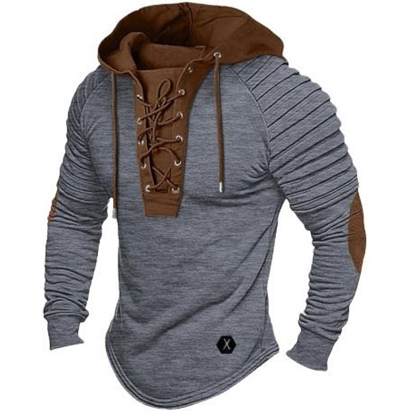 MęSka Bluza Z Kapturem Na Wiosnę, Plisowane Ramiona, Kolorowe Bloki, śCiąGany Sznurkiem, Bluza Z Kapturem, DłUgi RęKaw, Sznurowana, Retro, Codzienna Sportowa Bluza Z Kapturem XL-image