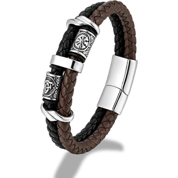 Pulsera Punk Vikinga De Acero Inoxidable Con BrúJula, Runas NóRdicas, Amuletos Y Cuentas, Trenzada Multicapa De Cuero Para Hombre 21Cm Black-image
