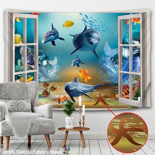 Tapiz De Pared Con DiseñO De Banco De Peces Marinos, Dibujos Animados Del Mundo Submarino, Bohemio, Hippie, DecoracióN Del Hogar 95X70Cm Blue-image