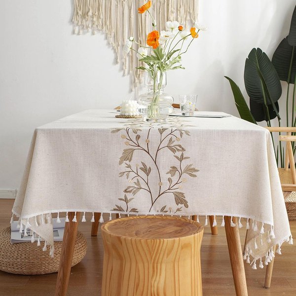 Haftowany Obrus Z FręDzlami Anglicanum, BawełNiano-Lniany, PyłOszczelny Pokrowiec Na Stół, Do Kuchni, Jadalni, Dekoracji StołU Na Domowe PrzyjęCie 90X90Cm White-image