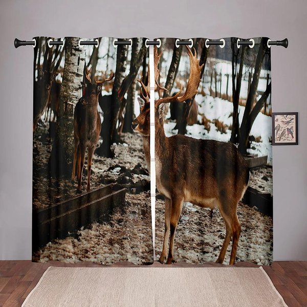 Cortina De Ventana Opaca Con DiseñO De Animal Ciervo Bosque ÁRbol Verde Para Dormitorio Sala De Estar BañO Cocina Puerta Pasillo Alto Oscurecimiento W55 X H120Cm X 2&Grommet Top-image