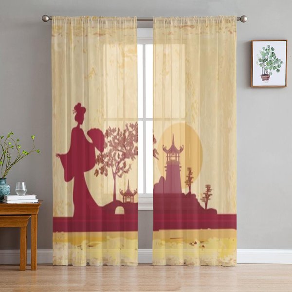 Cortinas TraslúCidas De Tul Con Paisaje AsiáTico Abstracto Para Sala De Estar La HabitacióN Dormitorio DecoracióN De Cocina Cortinas De Voile Organza 135W X 114H(Cm) Beige-image