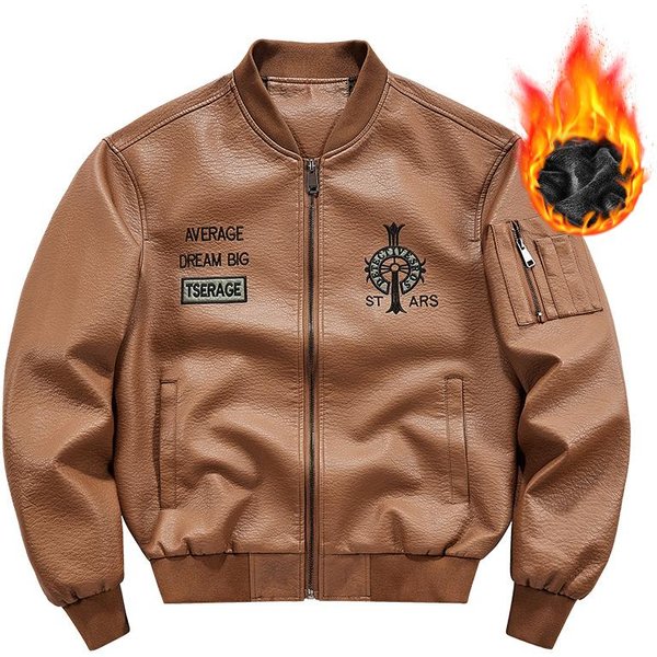 Chaqueta De Cuero Para Hombre OtoñO E Invierno Nueva Chaqueta De Cuero Lavada Talla Grande Para Hombre Cuello De BéIsbol Bordado Volando L Beige-image