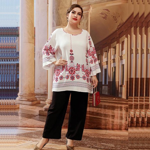 Bluzka 5XL Plus Size Damska O Neck Z DłUgim RęKawem Kwiatowy Print Bluzka Na Co Dzień LuźNa, Ponadgabarytowa Damska Tunika Topy XL BiałY-image