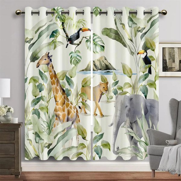 Dibujo Animado Animal Selva LeóN Elefante ÁRbol Cortinas Persianas Para Sala De Estar Dormitorio Infantil BañO Cocina Puerta DecoracióN Del Hogar 2 Piezas W65X60H(Cm)X2Pcs&Grommet Top-image