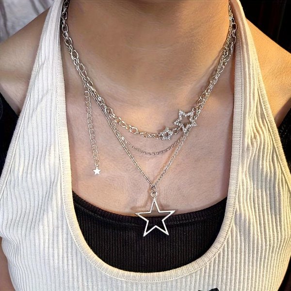 Collar Colgante De Pentagrama Hueco Minimalista Retro, Cadena Para ClavíCula Moderna Y VersáTil, JoyeríA De Cadena Para El Cuello Con DiseñO Elegante Y Con Estilo. 1 Set Gray-image