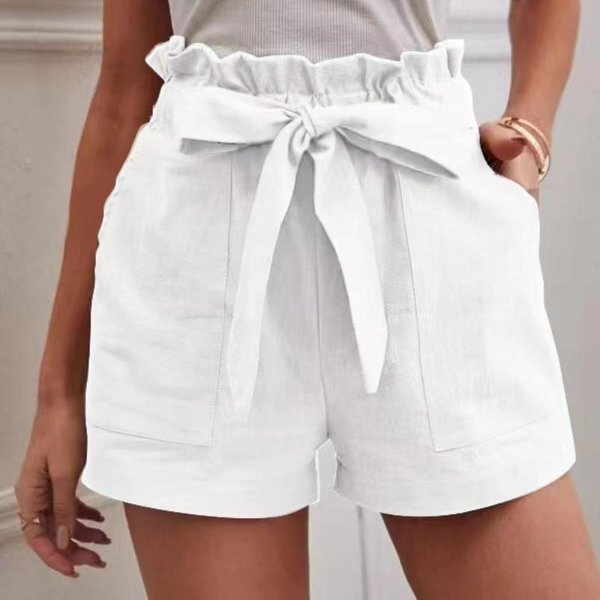 Verano Holgados AlgodóN Lino Casual Pantalones Cortos Mujer Con Bolsillos Moda Tallas Grandes Pierna Ancha Pantalones Cortos Cintura Alta Volantes Vintage Femenino Pantalones Cortos 24650 L White-image