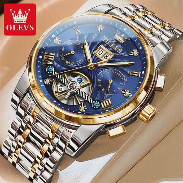 Olevs Luksusowy ZłOty Mechaniczny Zegarek Tourbillon Dla MężCzyzn Stal Nierdzewna Wodoodporny Luminescencyjny Data Biznesowe MęSkie Zegarki Niebieski/ZłOty-image