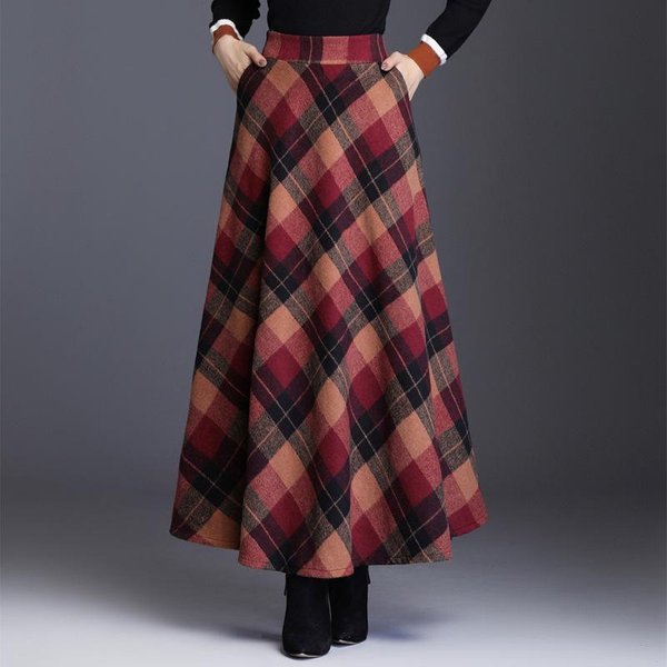 Falda Larga Para Mujer OtoñO Falda De Lana Media Falda LíNea A Falda De Vuelo Grande Falda Larga De Cuadros Vintage M Rojo-image
