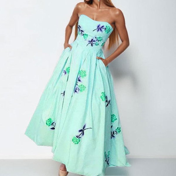 Ropa De Verano Nueva Para Mujer Vestido Largo Elegante Y A La Moda Sin Mangas Y Sin Tirantes 2XL Azul-image