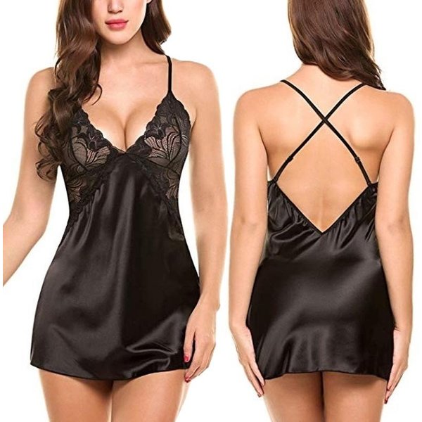 Moda Mujer LenceríA Sexy SatéN Chemise Seda Slip Ropa De Dormir Encaje Bata Vestido Ropa De Dormir 2XL Negro-image