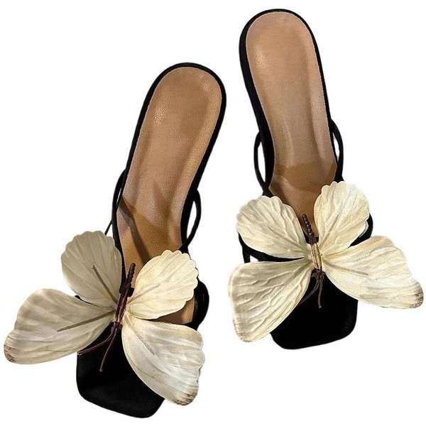 Zapatos De Mujer Puntera Descubierta Zapatillas De Mujer Zapatillas De Vestir De Moda Mujer Cuentas De Cuerda Mariposa Tacones Altos Puntera Cuadrada Sandalias 40 Negro-image