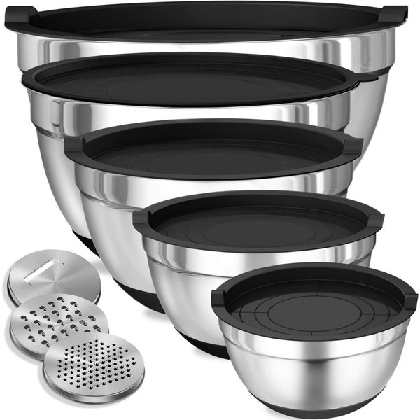 8 Szt. Misek Do Mieszania Z Hermetycznymi Pokrywkami Zestaw Misek Do Mieszania Ze Stali Nierdzewnej, Spody Z Przyczepkami, Czarne Miski Kuchenne, Do Pieczenia I Serwowania Gray-image
