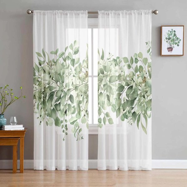 RośLina Zielone LiśCie Rattanowe BiałE Szyfonowe Przezroczyste ZasłOny Do Dekoracji Salonu Sypialni Okna Woale Tiulowe Draperie Kurtyna W135 X H137Cm X1&Rod Pocket-image