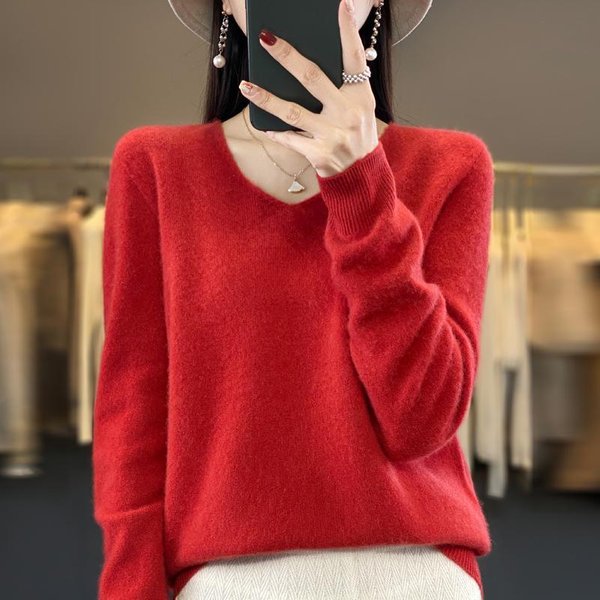 Czysty WełNiany Sweter Z Kaszmiru Damski Sweter Z Dekoltem W Serek Swobodny Dzianinowy Top Jesienno-Zimowy Damski PłAszcz KoreańSka Moda One Size Czerwony-image