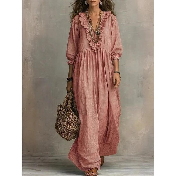 Vestido Largo A Rayas Con Volantes Y Cuello En V Para Mujer, Informal, Corte Holgado, Cintura Alta, Vestido Largo 3XL Color Rosa-image