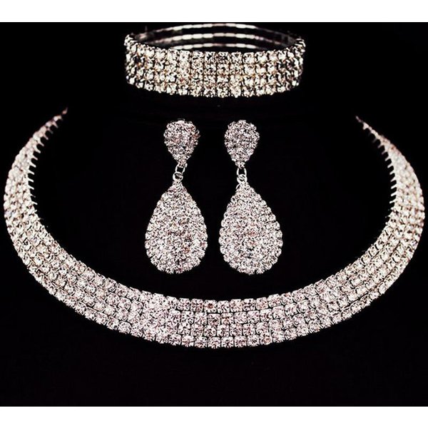 Elegante Lujo Diamante Completo Brillante PedreríA Collar, Pulsera, Pendientes Gota De Agua Set, 4 Filas De Accesorios Nupciales Plata-image
