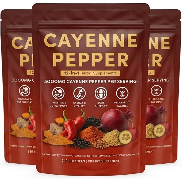 Complejo De Pimienta De Cayena Con D3+K2, CúRcuma Y Berberina – Soporte Para El CorazóN Y Las Venas (240 CáPsulas Blandas) 3Pack-image
