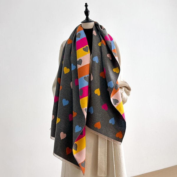 Bufanda CáLida De Invierno Para Mujer Tipo Cachemira - Chal Pashmina Grueso Con Estampado De Corazones De Colores, Manta Envolvente, Bufanda, Poncho Y Echarpe Gray-image