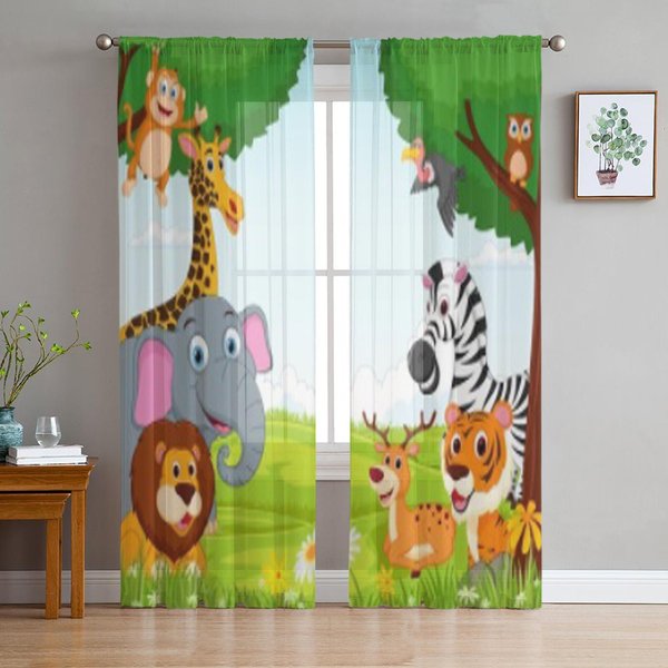 Cortinas Transparentes De Tul Con Dibujos Animados De Animales En La Jungla Para Sala De Estar La HabitacióN Dormitorio DecoracióN De Cocina Cortinas De Voile Organza 135W X 114H(Cm) White-image