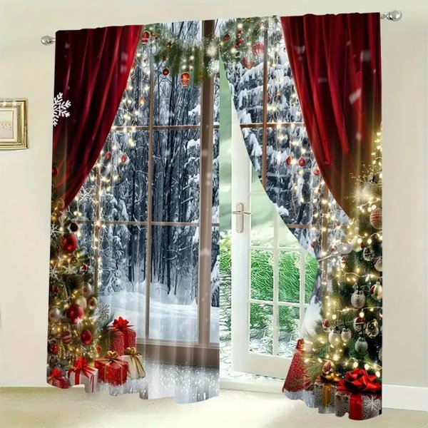 Juego De 2 Cortinas De ÁRbol De Navidad Vintage - Cortinas Semitransparentes Que Protegen La Privacidad Para DecoracióN De Sala De Estar Y Dormitorio 50W160H(Cm)X2Panel&Grommet Top Gray-image