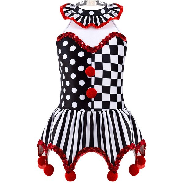Disfraz De Payaso De Circo Para NiñA Halloween Cosplay Ropa De Joker Cuadros Blancos Y Negros Adornado Con Pompones Tutú Leotardo Elegante 14-image