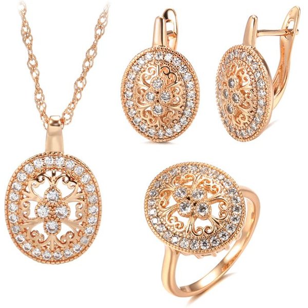 Moda Juego De Collar Pendientes Anillo Oro Rosa Para Mujeres Zirconia Natural Flor ÉTnica Novia Boda Conjunto De Joyas 7 Beige-image