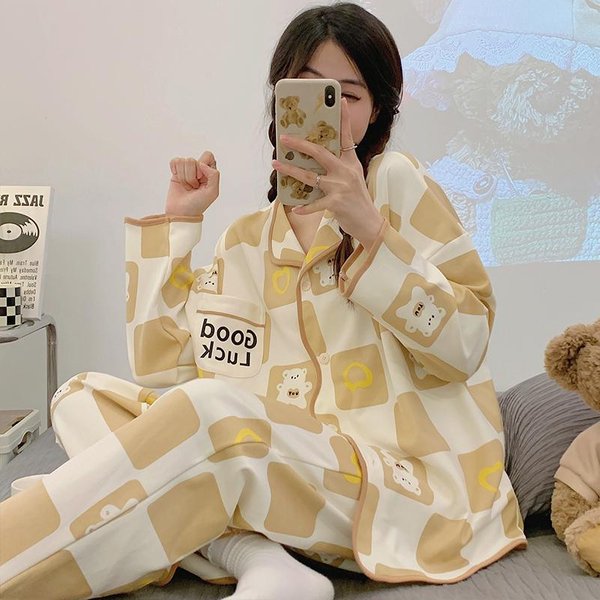 Lindo Kawaii Conjunto De Pijama Para Mujer Manga Larga PantalóN Largo OtoñO Invierno CáRdigan Con Botones Ropa De Dormir Pijamas Suaves Acogedores Pijamas Pjs Para NiñA 3XL Beige-image
