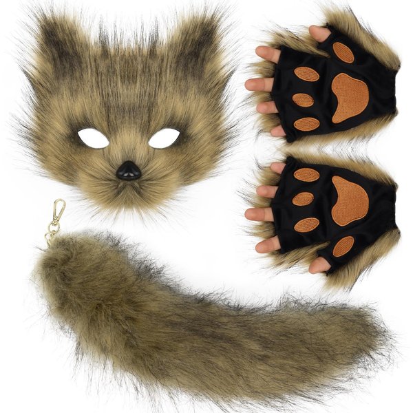 Llavero Con Cola De Zorro De Piel Esponjosa, Guantes Con Forma De Pata De Gato Y MáScara De Lobo Therian Para Accesorios De Disfraz De Halloween One Size-image