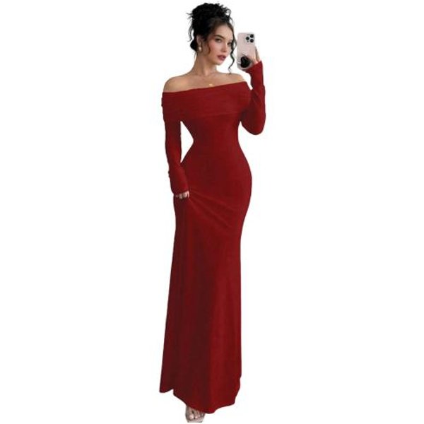 Kobiety Sukienka Maxi Bodycon Z Odkrytymi Ramionami Formalna Suknia Wieczorowa Z DłUgim RęKawem Marszczona S-image
