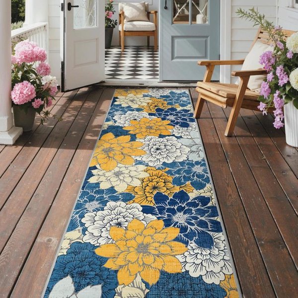 Niebiesko-ŻółTy Kwiatowy ZewnęTrzny Dywanik Biegacz AntypośLizgowy Odporny Na Plamy Mata PodłOgowa Na Patio Balkon PrzedpokóJ Kuchnia WystróJ Domu 60X240Cm 24X94Inch-image