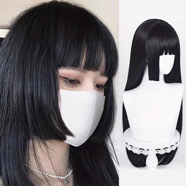 Naturalna DłUga Prosta Syntetyczna Czarna Peruka Z Grzywką Lolita Cosplay WłOsy Peruki Dla Kobiet Odporne Na CiepłO WłóKno Codzienna Imprezowa Peruka Fem 26Inches-image