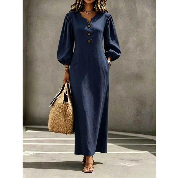 Vestido Maxi De Mujer Con Cuello En V Botones Mangas Largas Abullonadas Color SóLido Holgado Casual Largo Con Bolsillos S Azul Marino-image