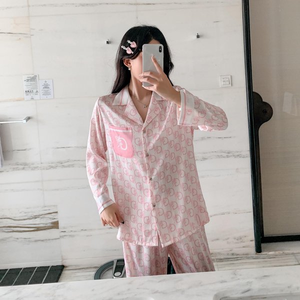 OtoñO Nuevo Malla Seda De Hielo Pantalones De Manga Larga Pijama De Mujer CáRdigan Casual Simple Conjunto Ropa De Casa 2XL Color Rosa-image