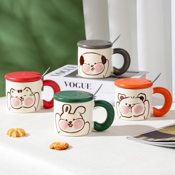 Taza De CeráMica Simple Hogar Taza Ins Juego De Tazas Hogar Taza De Agua Dibujos Animados Taza Linda Con Tapa Cuchara Taza De Desayuno 320ML-image