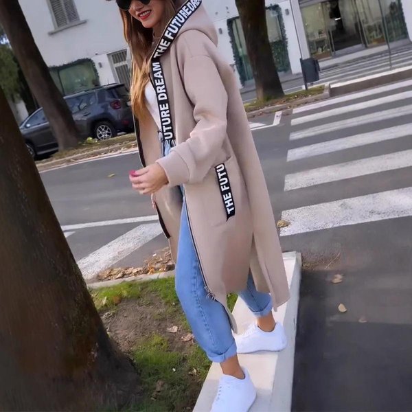 Kardigan Bluza Damska Z Kapturem DłUgie PłAszcze ŁąCzone Casualowy Zapinany Na Zamek Gruby PłAszcz Kieszeń Odzież Wierzchnia Jednolita Kurtka Jesień Zima S Gray-image