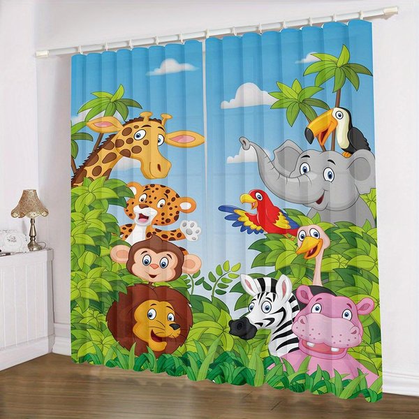 2 Piezas Cortina De Animales De Dibujos Animados Zorro LeóN Jirafa Estampado De Jungla Para Dormitorio Oficina Cocina Persianas Sala De Estar Ventana De Piso DecoracióN Del Hogar 100W130H(Cm)40X51In&Grommet Top-image