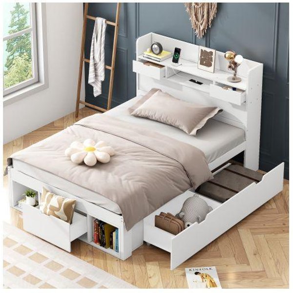 Cama Individual Muvoe 90X200 Cm Con Puerto Usb, Cajones Y Almacenamiento Blanco Blanco-image