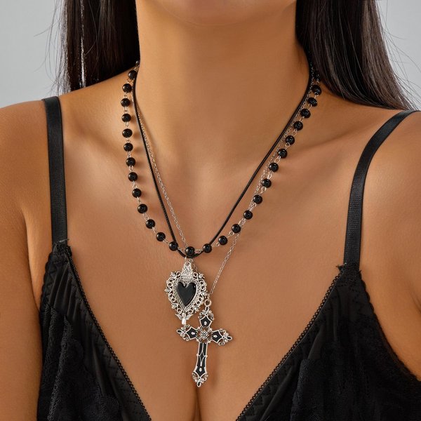 Cadena OT De CorazóN Negro Con Cuentas De Estilo GóTico Vintage, Collar Punk Rock Retro Sweet Goth Con Cruz, DiseñO De Collar Gargantilla GóTico Oscuro Y2K Brown-image