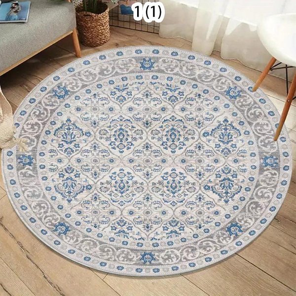 OkrąGłY Dywan Boho AntypośLizgowy Retro Niebiesko-BiałY MarokańSki WzóR Kratki AntypośLizgowy Zmywalny Dywan Do Salonu Sypialni Pokoju 120X120CM-image