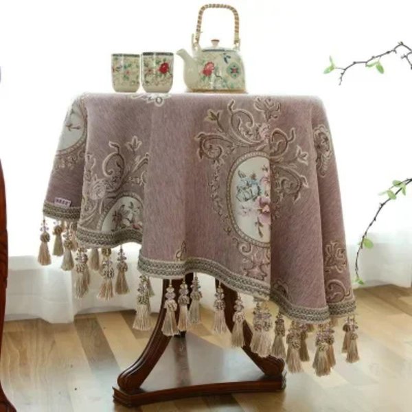 Mantel De Mesa Con Bordado De Borlas De Alta Calidad Jacquard TeñIdo En Hilo Chenilla Europeo Mantel Redondo CláSico Para Mesa De Centro Round Diameter 120Cm-image