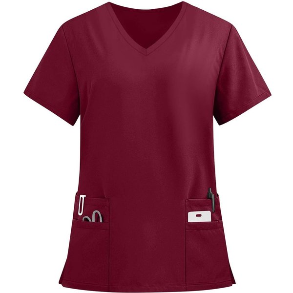 Damska Koszula Medyczna Z Dekoltem W Serek, KróTkim RęKawem I Wieloma Kieszeniami, Lekka, OddychająCa, Uniform Do Pracy Xxxl Wino-image