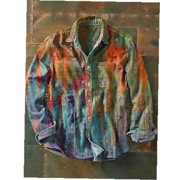 Camisa De Manga Larga Para Hombre Con Botones Y Estampado De Bloques De Color Estilo Retro 5XL-image