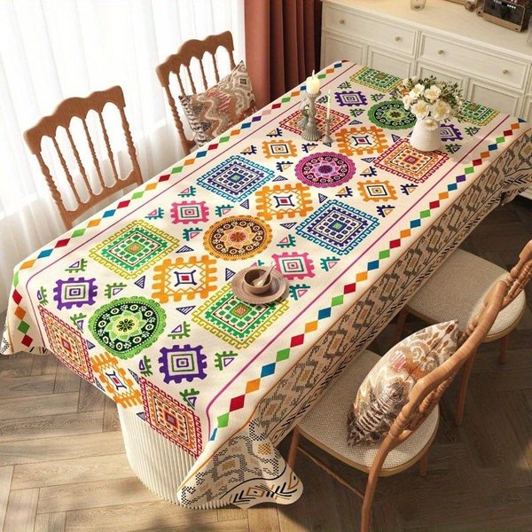 Mantel Rectangular Floral Bohemio Para DecoracióN De Mesa Estilo Nacional Boho Estampado GeoméTrico Mantel De Mesa De Cocina DecoracióN De Fiesta NavideñA 140X140Cm Beige-image
