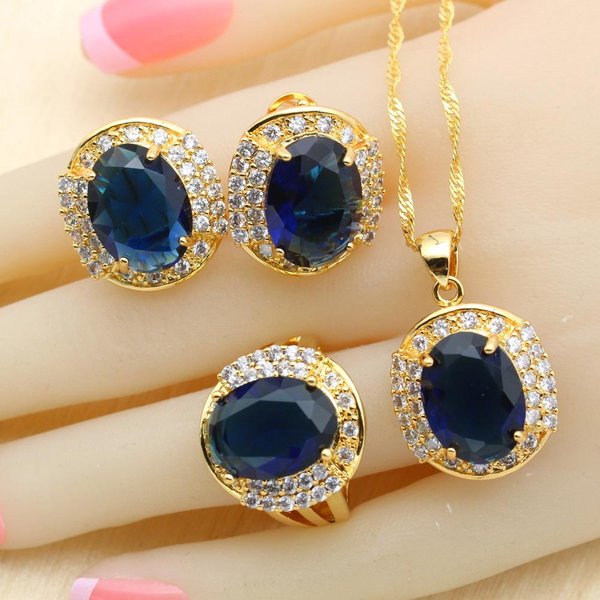 Juegos De JoyeríA Nupcial Color Dorado Con Piedras Azul Oscuro Para Mujeres Pendientes Largos Collar Colgante Pulsera Anillos Caja De Regalo Gratis Wpaitkys Blue&6-image