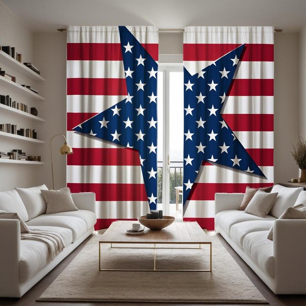 2 Piezas DíA De La Independencia HD Estrella De Cinco Puntas Bandera A Rayas Cortina Decorativa Cortina Estampada Digitalmente Con Lazo Rojo DecoracióN Para El Hogar St W52H63Inchw132H160Cm-image