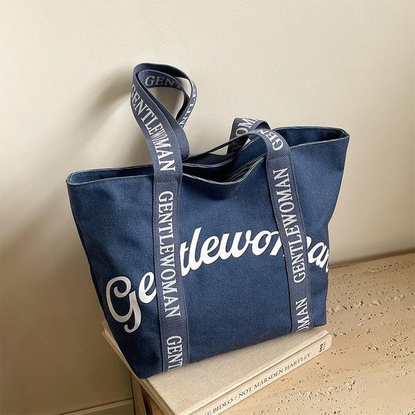 Bolso De Lona Para Mujer Con Estampado De Letras Bolso Tote De Gran Capacidad Bolso De Hombro Black-image