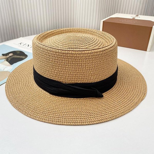Sombrero De Paja FrancéS De Copa Plana Sombrero De Paja Nuevo Para NiñOs Sombrero De Paja De Verano Para Vacaciones En La Costa Sombrero De Sol Para Playa Con ProteccióN UV Black-image