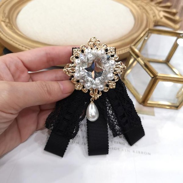 Broche De Pajarita De Tela Con Lazo De Encaje, Alfiler De Cristal Para Cuello De Camisa De Mujer, JoyeríA De Moda, Accesorios De Ropa Negro-image